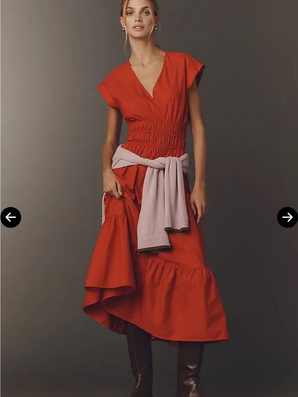 NWT $158 Maeve Cap-Sleeve V-Neck Smocked
Midi Dress Red Size XS